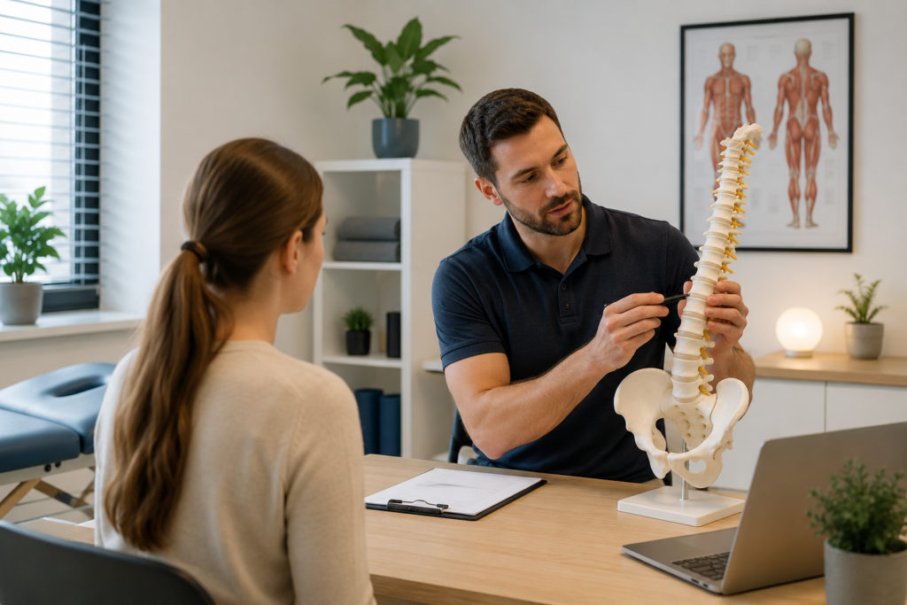 Fizjoterapeuta wyjaśniający pacjentce przyczyny bólu kręgosłupa